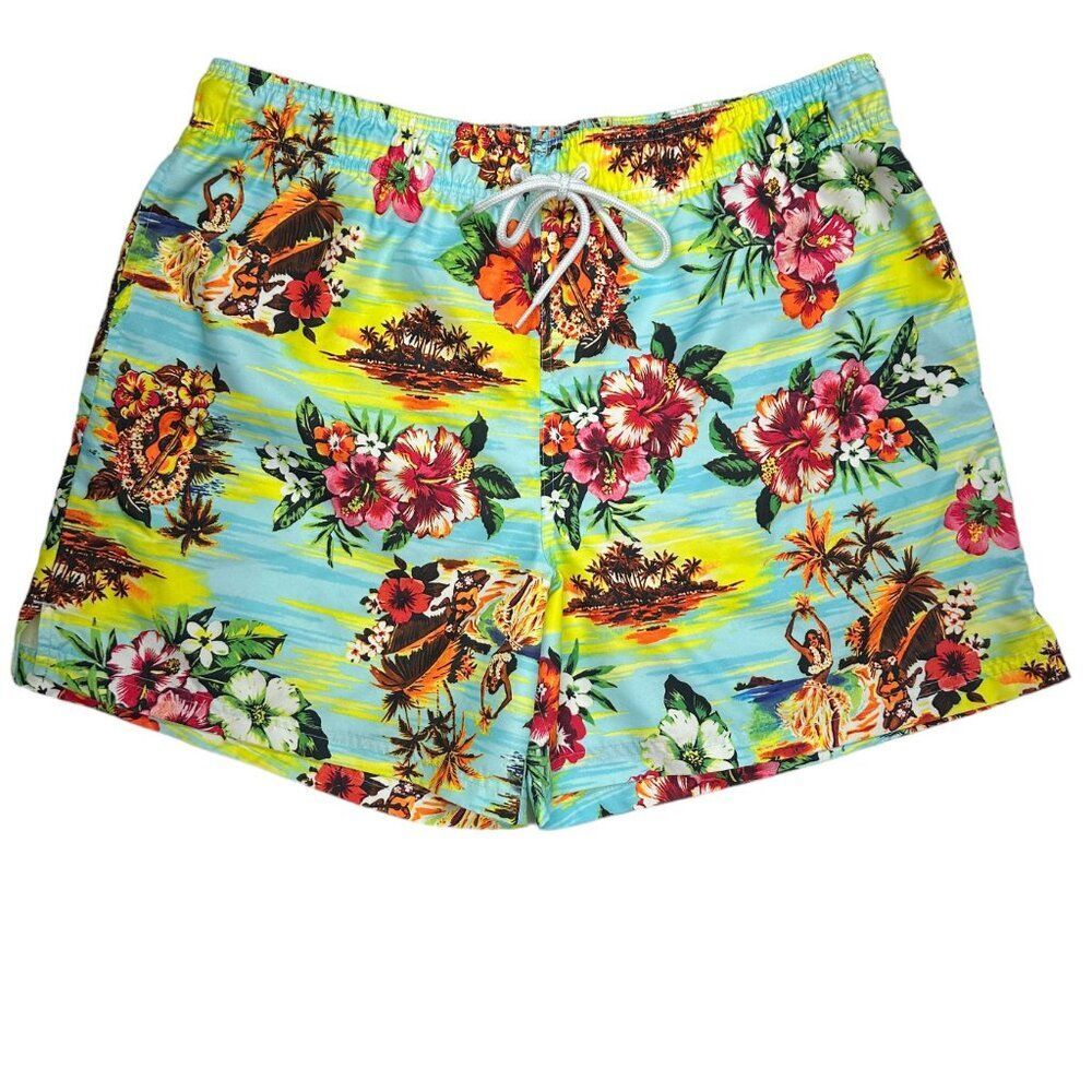 George Aqua Hawaiian Print Swim Trunks (XL/40-42)